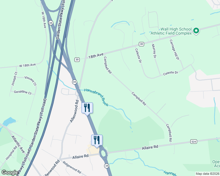 map of restaurants, bars, coffee shops, grocery stores, and more near 1831 Campbell Road in Monmouth County