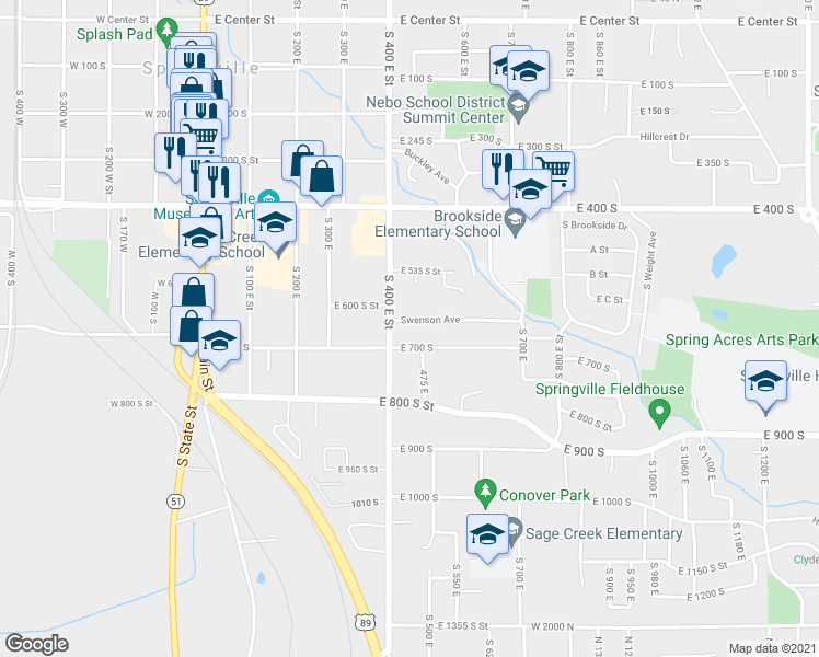 map of restaurants, bars, coffee shops, grocery stores, and more near 426 Swenson Avenue in Springville