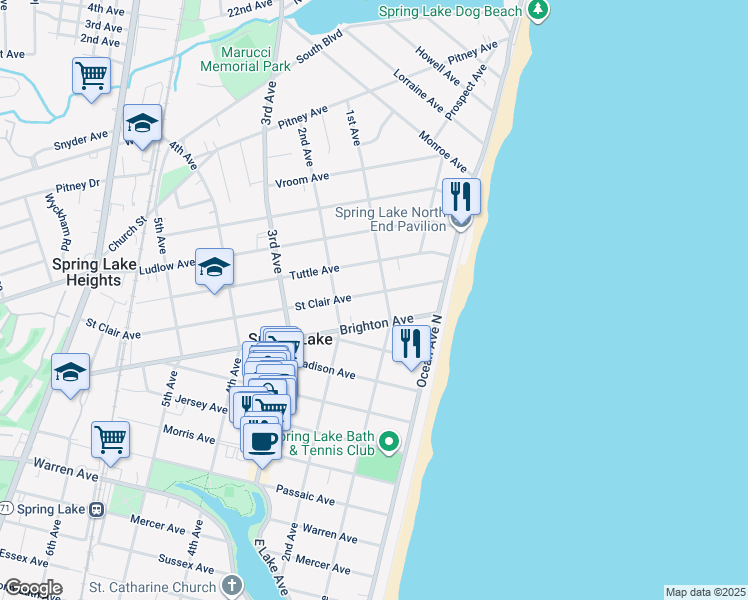 map of restaurants, bars, coffee shops, grocery stores, and more near 105 Saint Clair Avenue in Spring Lake