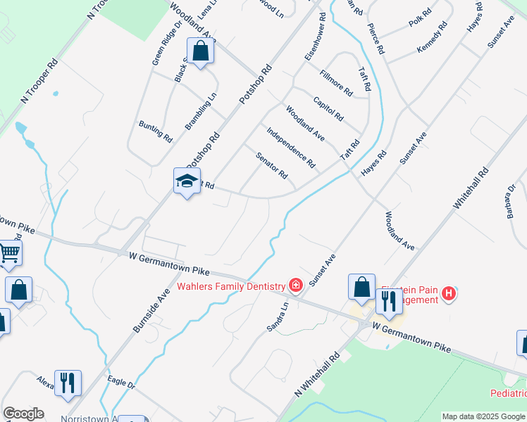 map of restaurants, bars, coffee shops, grocery stores, and more near 3 Embassy Circle in Eagleville