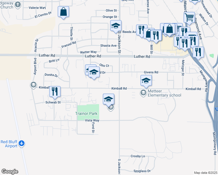 map of restaurants, bars, coffee shops, grocery stores, and more near 850 Kimball Road in Red Bluff