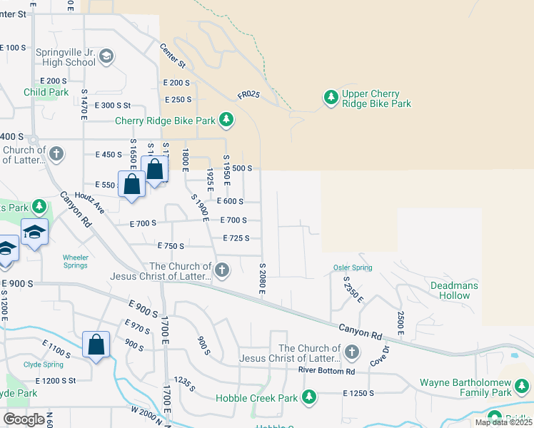 map of restaurants, bars, coffee shops, grocery stores, and more near 687 South 2080 East in Springville