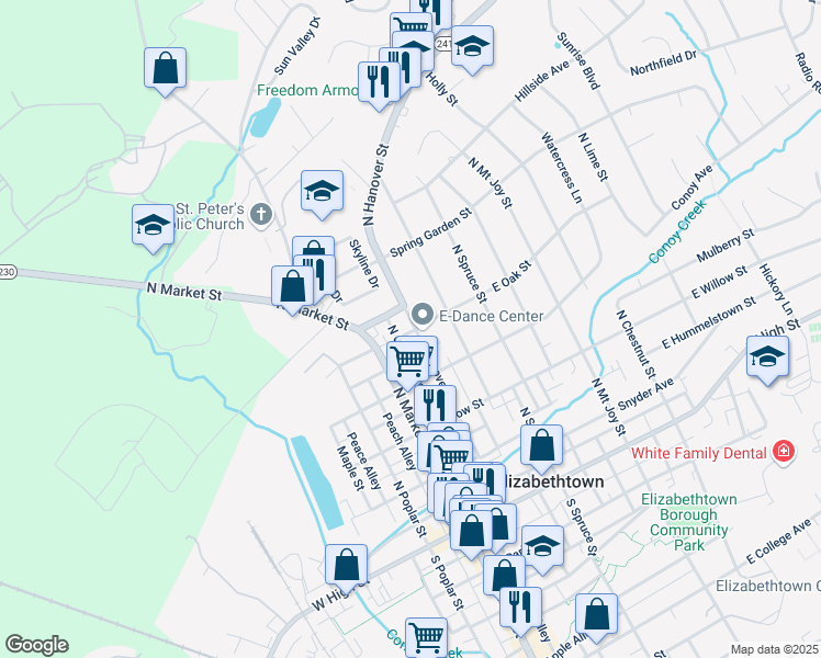 map of restaurants, bars, coffee shops, grocery stores, and more near 400 North Hanover Street in Elizabethtown