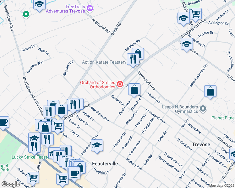 map of restaurants, bars, coffee shops, grocery stores, and more near 1604 Colonial Drive in Feasterville