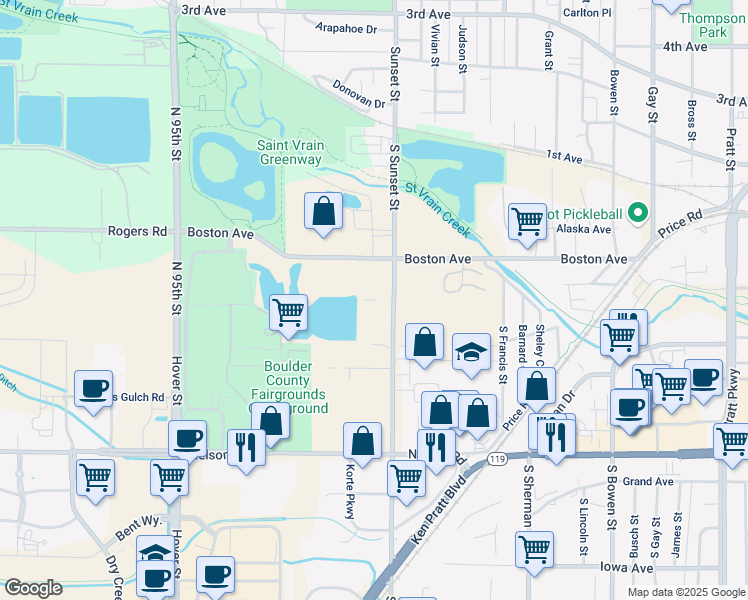map of restaurants, bars, coffee shops, grocery stores, and more near 105 South Sunset Street in Longmont
