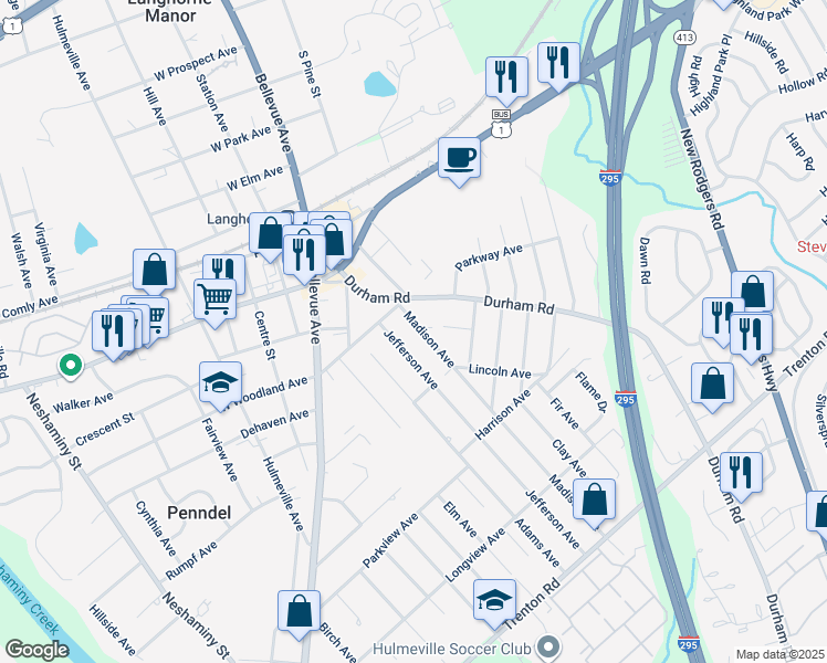 map of restaurants, bars, coffee shops, grocery stores, and more near 400 Madison Avenue in Langhorne