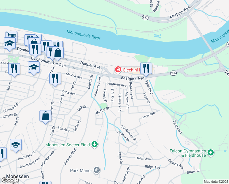 map of restaurants, bars, coffee shops, grocery stores, and more near 230 Lenawee Avenue in Monessen