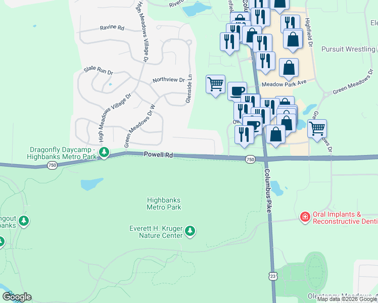 map of restaurants, bars, coffee shops, grocery stores, and more near 421 Heather Lane in Powell