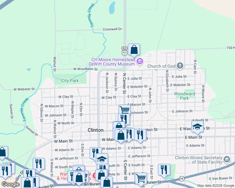 map of restaurants, bars, coffee shops, grocery stores, and more near 623 North Quincy Street in Clinton