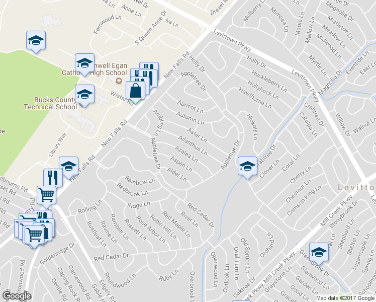 map of restaurants, bars, coffee shops, grocery stores, and more near 40 Azalea Lane in Levittown