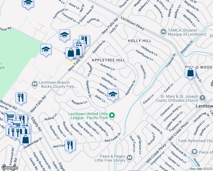 map of restaurants, bars, coffee shops, grocery stores, and more near 40 Azalea Lane in Levittown