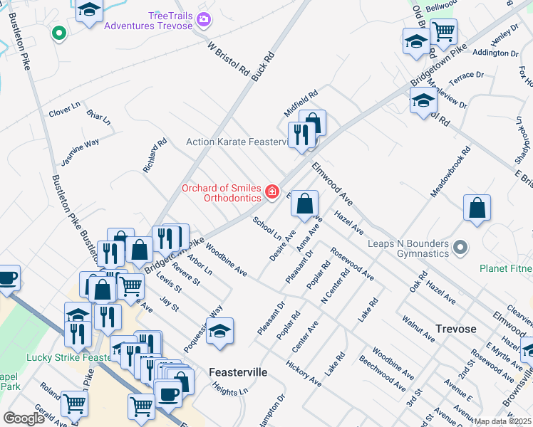 map of restaurants, bars, coffee shops, grocery stores, and more near 1604 Colonial Drive in Feasterville