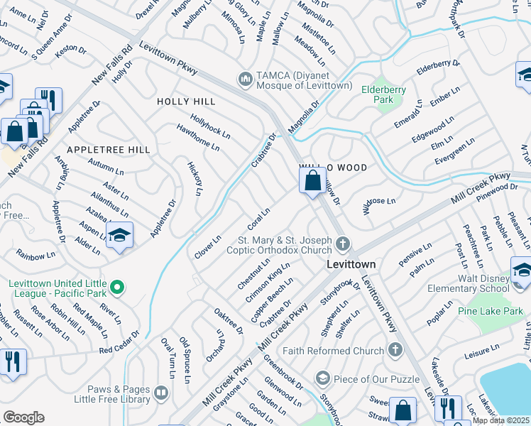 map of restaurants, bars, coffee shops, grocery stores, and more near 46 Coral Lane in Levittown