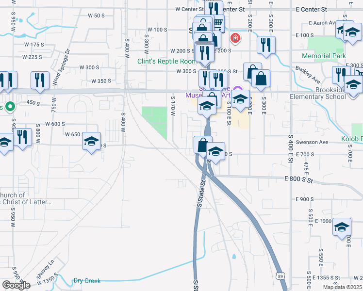 map of restaurants, bars, coffee shops, grocery stores, and more near 134 West 700 South in Springville