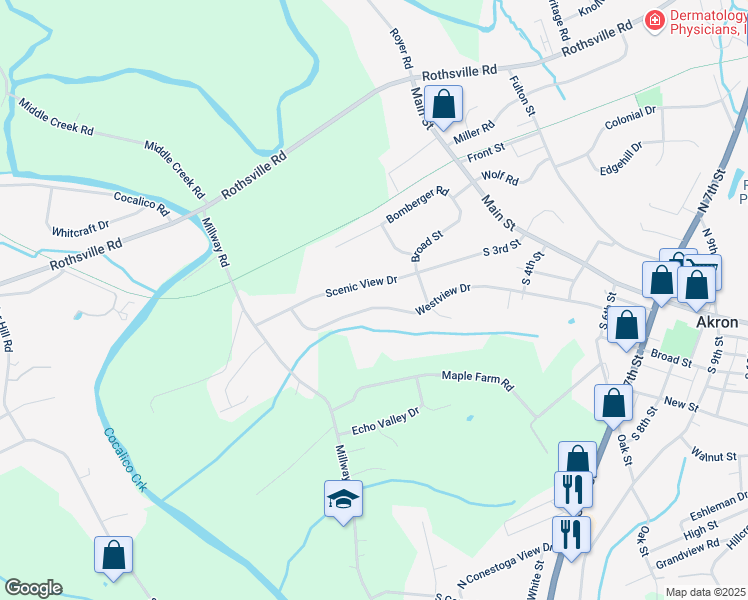 map of restaurants, bars, coffee shops, grocery stores, and more near 100 Westview Drive in Akron