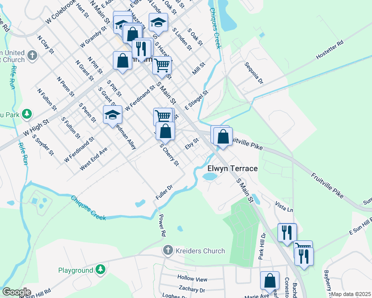 map of restaurants, bars, coffee shops, grocery stores, and more near 301 South Charlotte Street in Manheim