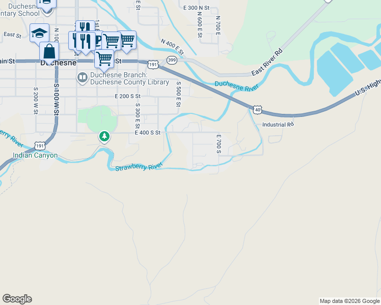map of restaurants, bars, coffee shops, grocery stores, and more near 517 South 570 East in Duchesne