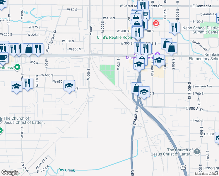 map of restaurants, bars, coffee shops, grocery stores, and more near 400 South 200 West Street in Springville