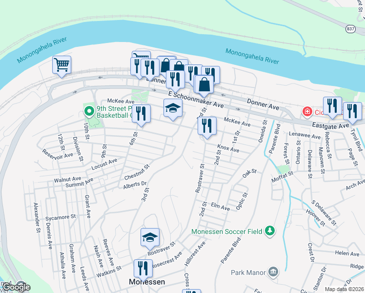map of restaurants, bars, coffee shops, grocery stores, and more near 418 3rd Street in Monessen