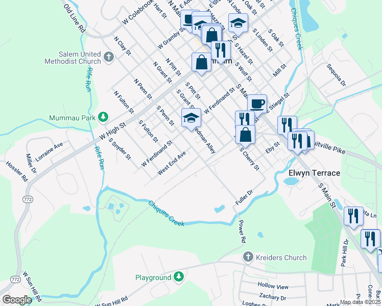 map of restaurants, bars, coffee shops, grocery stores, and more near 157 South Penn Street in Manheim