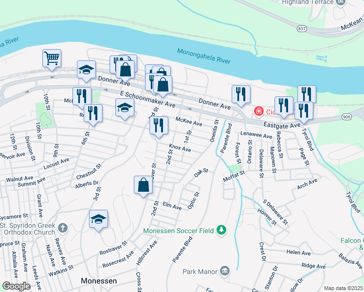 map of restaurants, bars, coffee shops, grocery stores, and more near 408 2nd Street in Monessen