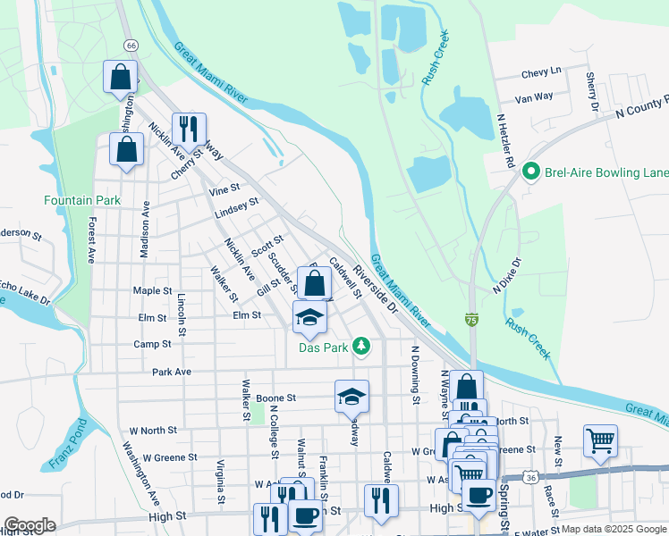 map of restaurants, bars, coffee shops, grocery stores, and more near 451 Riverside Drive in Piqua
