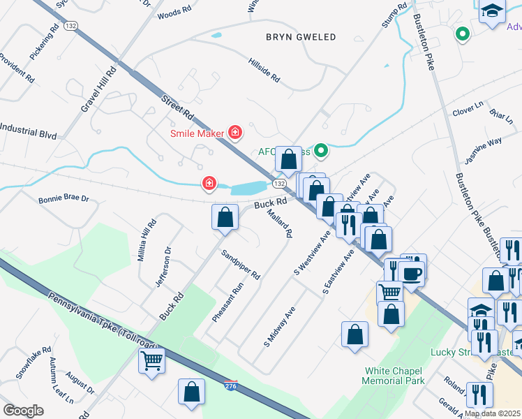 map of restaurants, bars, coffee shops, grocery stores, and more near 934 Mallard Road in Feasterville-Trevose