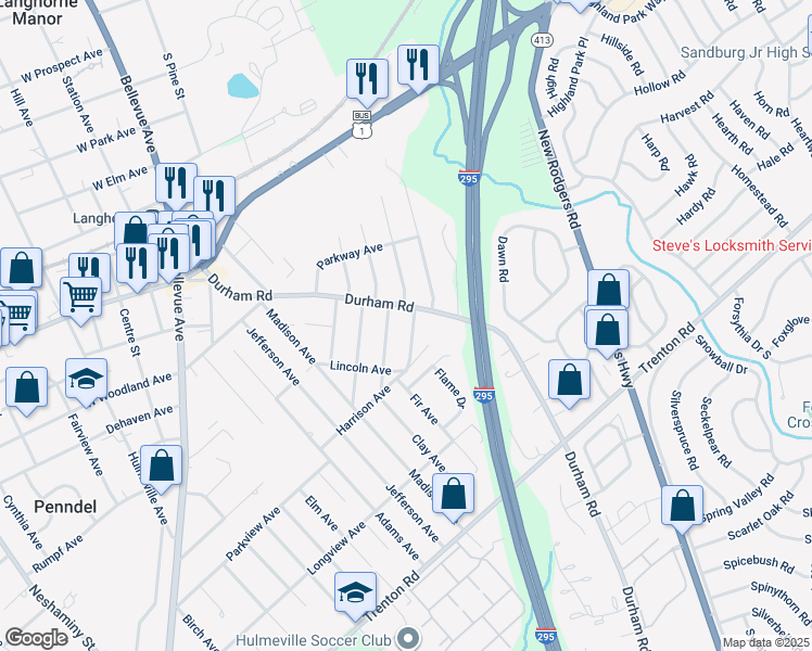 map of restaurants, bars, coffee shops, grocery stores, and more near 526 Webster Avenue in Langhorne