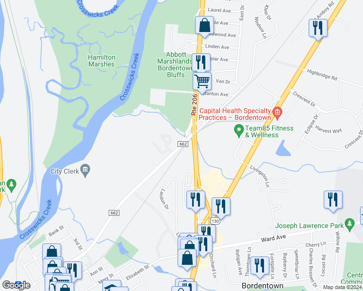 map of restaurants, bars, coffee shops, grocery stores, and more near 596 Park Street in Bordentown