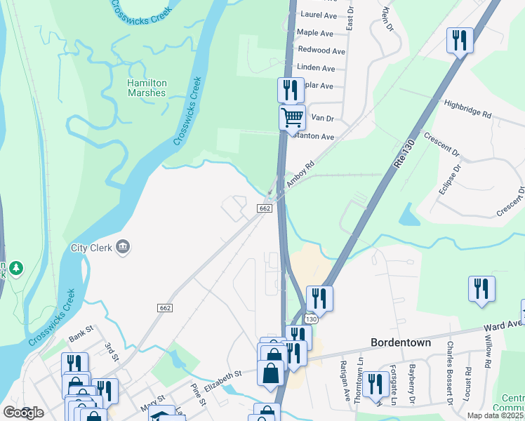 map of restaurants, bars, coffee shops, grocery stores, and more near 598 Park Street in Bordentown