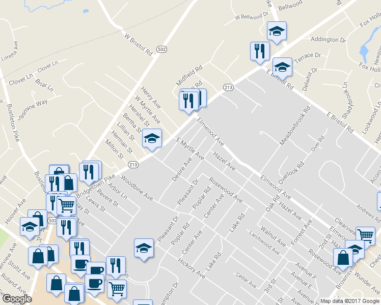 map of restaurants, bars, coffee shops, grocery stores, and more near 33 East Myrtle Avenue in Feasterville-Trevose