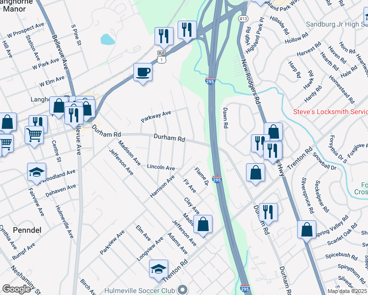 map of restaurants, bars, coffee shops, grocery stores, and more near 526 Webster Avenue in Langhorne