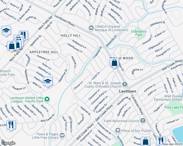 map of restaurants, bars, coffee shops, grocery stores, and more near 12 Crosswood Lane in Levittown