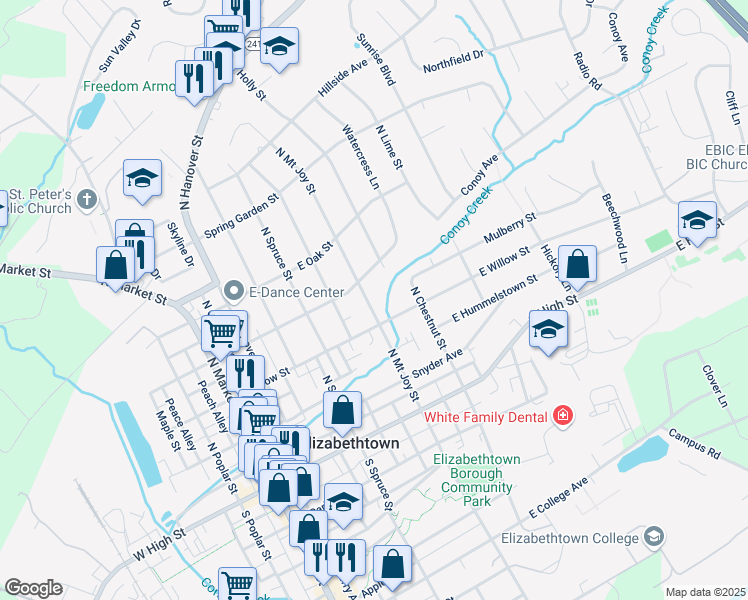 map of restaurants, bars, coffee shops, grocery stores, and more near 225 North Mount Joy Street in Elizabethtown