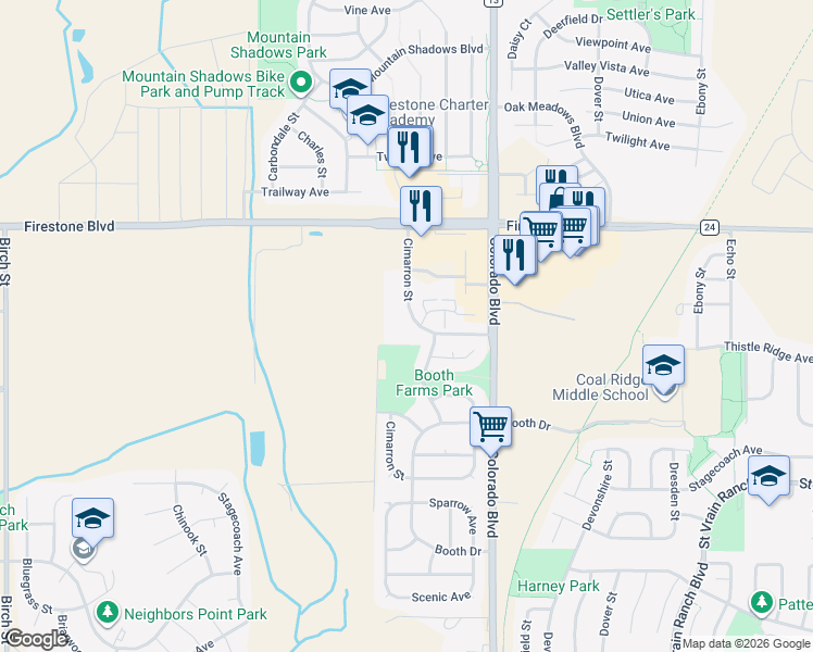 map of restaurants, bars, coffee shops, grocery stores, and more near 10767 Cimarron Street in Firestone