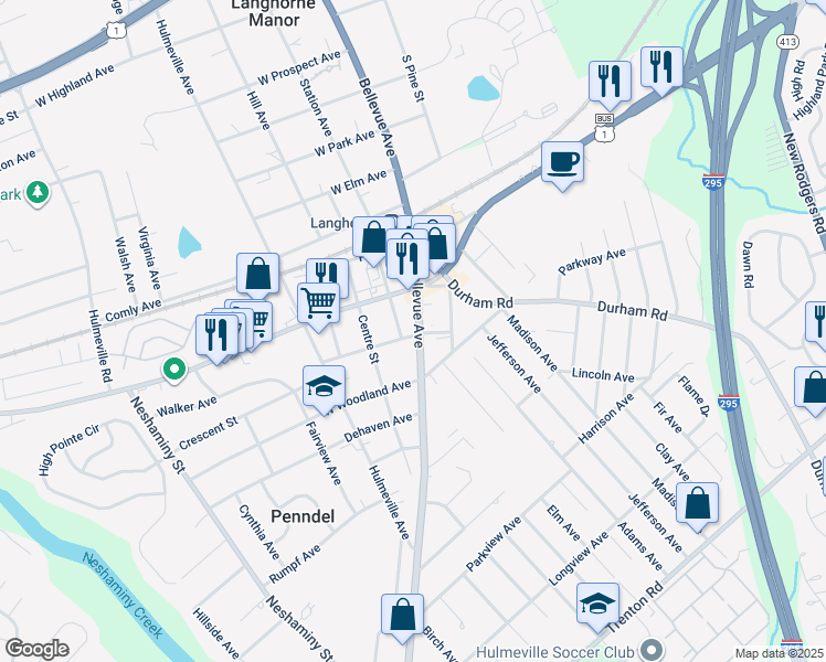 map of restaurants, bars, coffee shops, grocery stores, and more near 160 Bellevue Avenue in Penndel