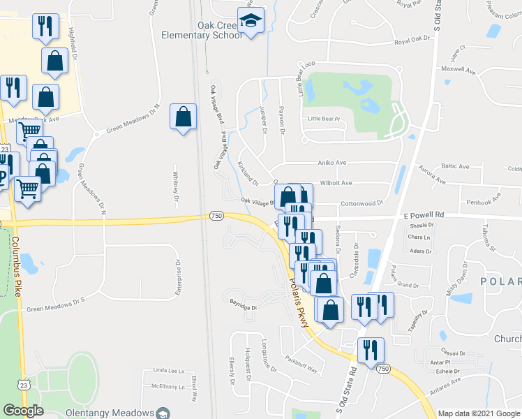map of restaurants, bars, coffee shops, grocery stores, and more near 9000 Oak Village Blvd in Delaware