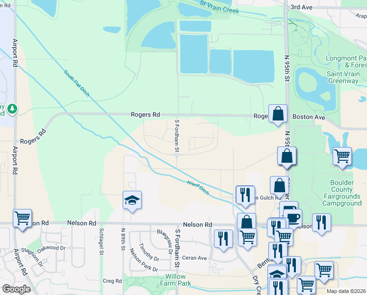map of restaurants, bars, coffee shops, grocery stores, and more near 9144 Rogers Road in Longmont
