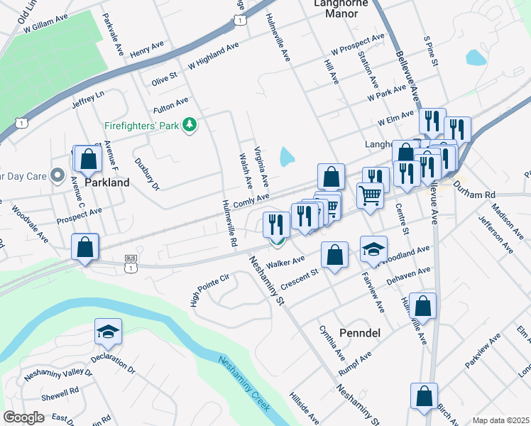 map of restaurants, bars, coffee shops, grocery stores, and more near 733 Sparrow Lane in Langhorne