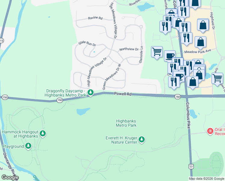 map of restaurants, bars, coffee shops, grocery stores, and more near 208 Spicewood Lane in Powell