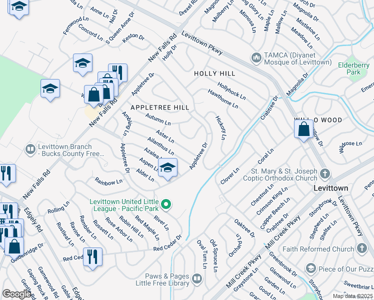 map of restaurants, bars, coffee shops, grocery stores, and more near 16 Aster Lane in Levittown