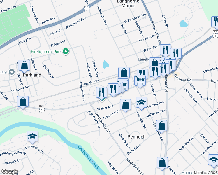 map of restaurants, bars, coffee shops, grocery stores, and more near 776 East Parker Street in Langhorne