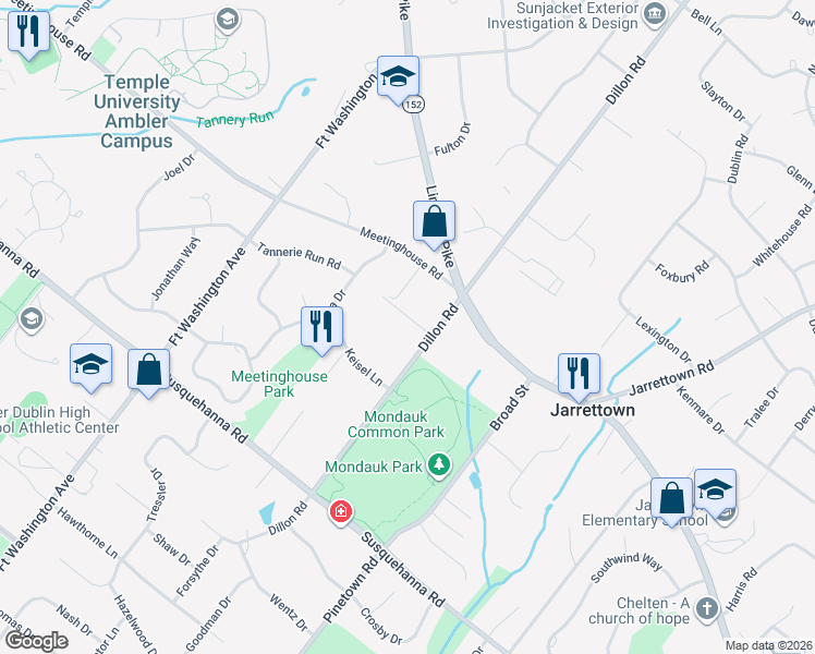 map of restaurants, bars, coffee shops, grocery stores, and more near 1472 Dillon Road in Ambler