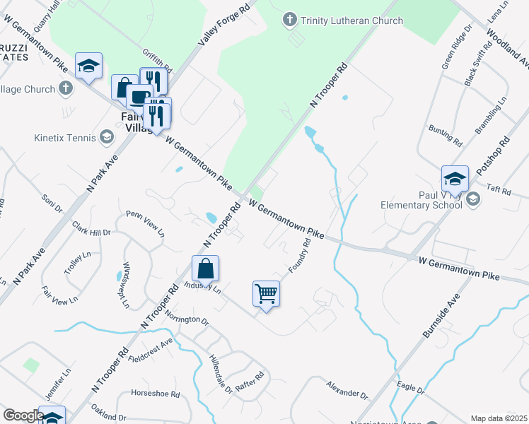 map of restaurants, bars, coffee shops, grocery stores, and more near 1055 W Germantown Pike in Eagleville