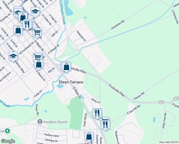 map of restaurants, bars, coffee shops, grocery stores, and more near 244 Fruitville Pike in Manheim