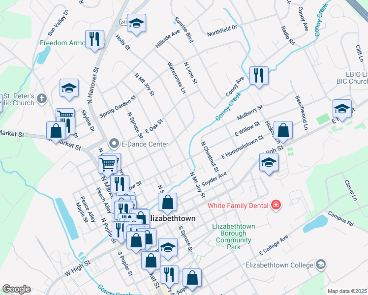 map of restaurants, bars, coffee shops, grocery stores, and more near 225 North Mount Joy Street in Elizabethtown