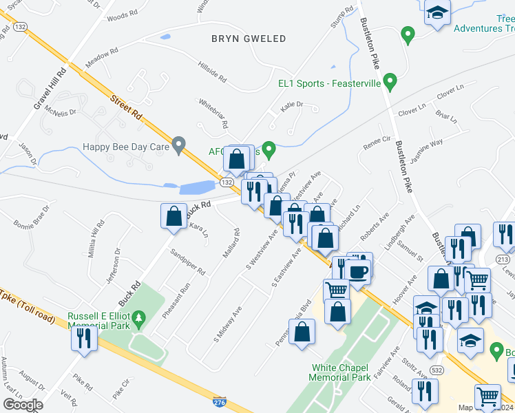 map of restaurants, bars, coffee shops, grocery stores, and more near 630 Street Road in Feasterville-Trevose