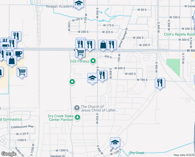 map of restaurants, bars, coffee shops, grocery stores, and more near 4097 South 950 West in Springville
