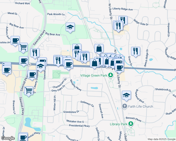 map of restaurants, bars, coffee shops, grocery stores, and more near 189 West Olentangy Street in Powell