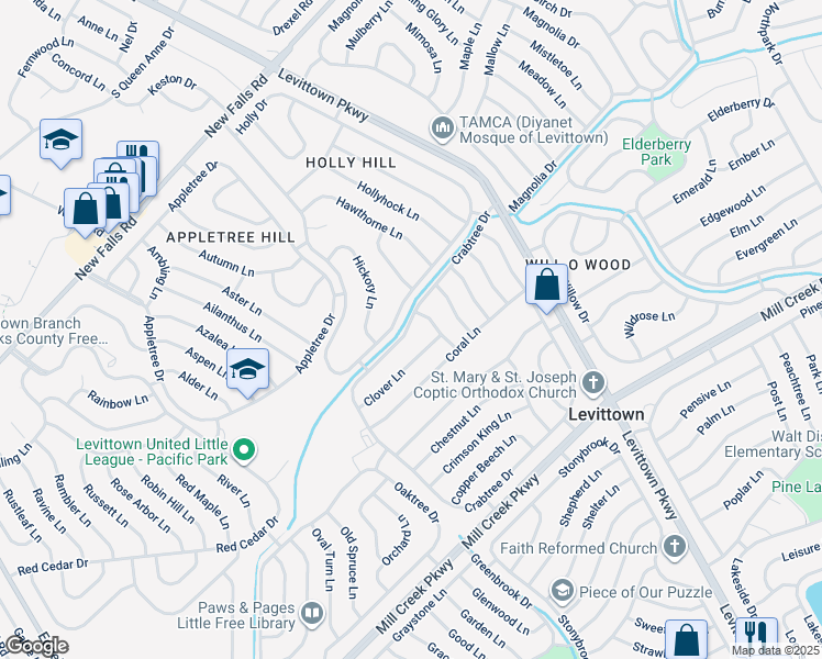 map of restaurants, bars, coffee shops, grocery stores, and more near 326 Crabtree Drive in Levittown
